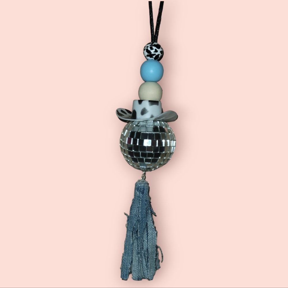 Disco Cowboy Car Charm diffuser/ hanger with wood beads and jean rag tassel.